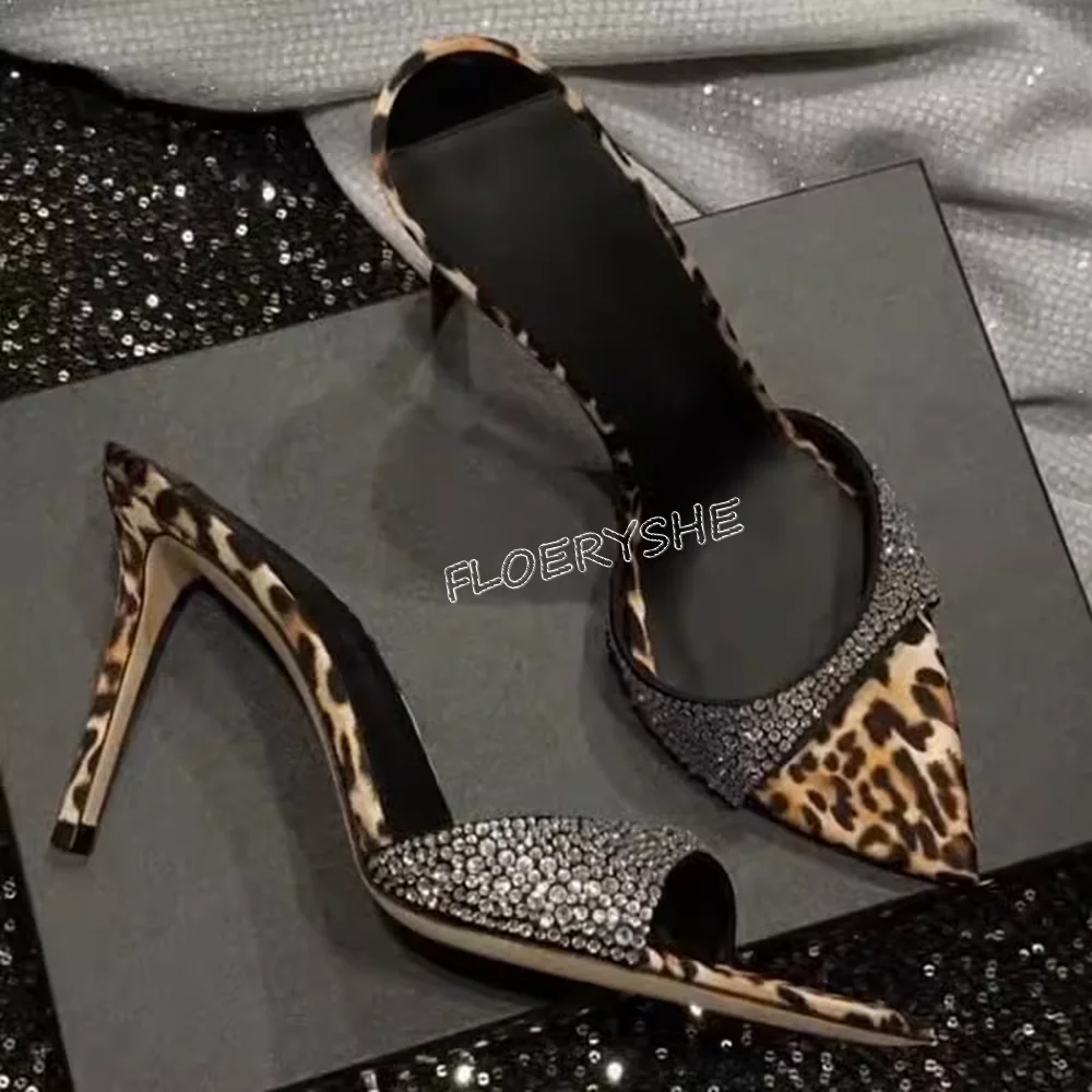 

Leopard Print Rhinestone Stiletto Slippers Summer Outside Sandals Women Party Dress Thin High Heel Pointed Open Toe Large Size