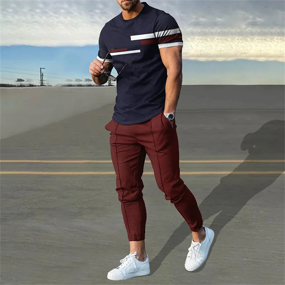 Fashion Men Tracksuit T-Shirt 2 Piece Set Short Sleeve Sportswear Suits Men Clothing Trousers Casual O-Neck Tops Pant Streetwear