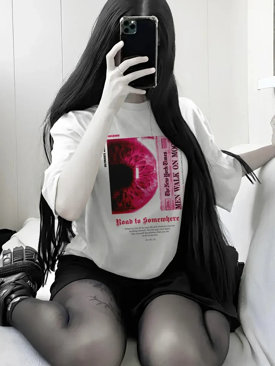 Pink Eye Print Oversized T Shirt Women Y2K Harajuku Casual Loose Short Sleeve Graphic Tee Summer Streetwear Tops