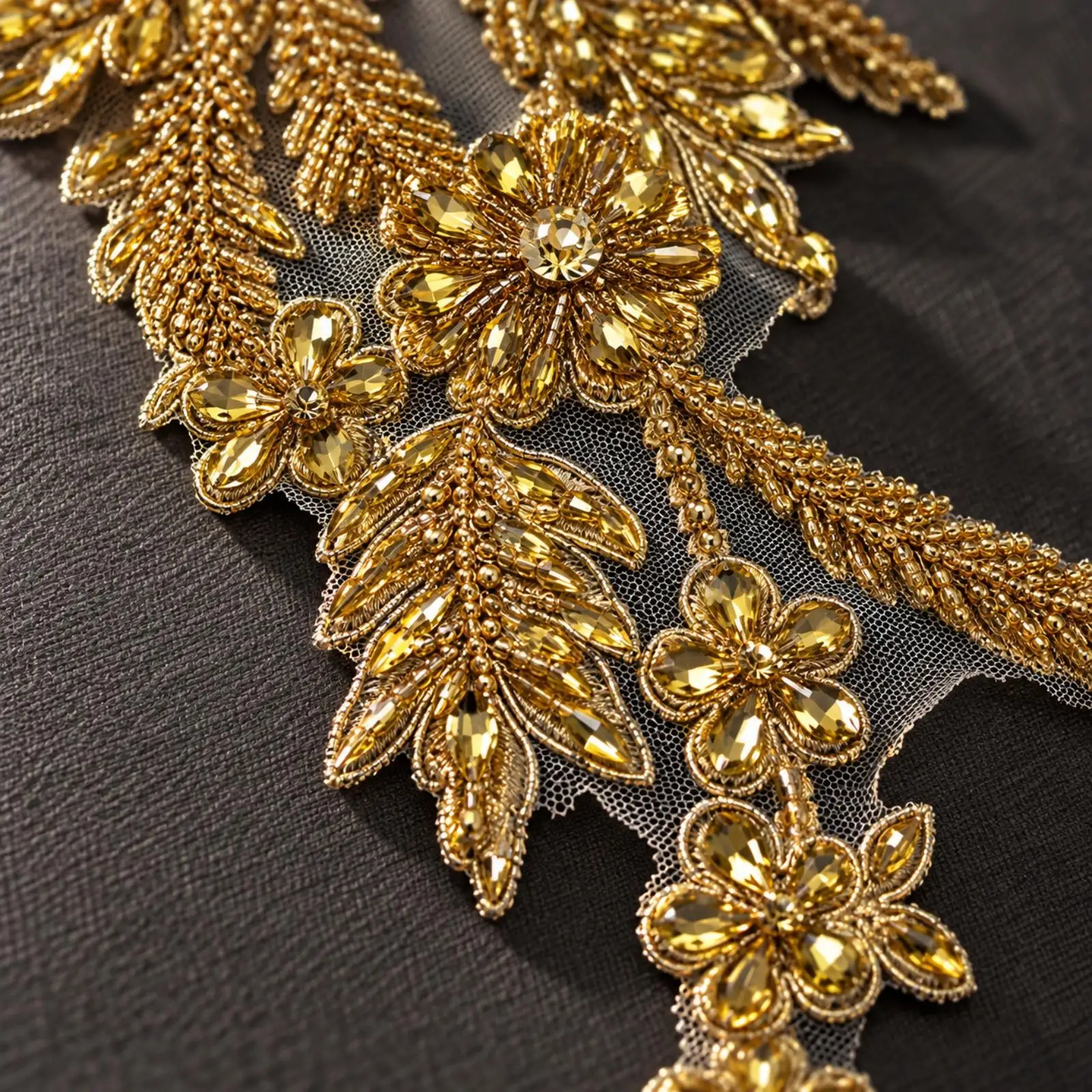 Elegant Trailing Floral Applique with Glass Beads Sew-on Floral Embroidered Mesh