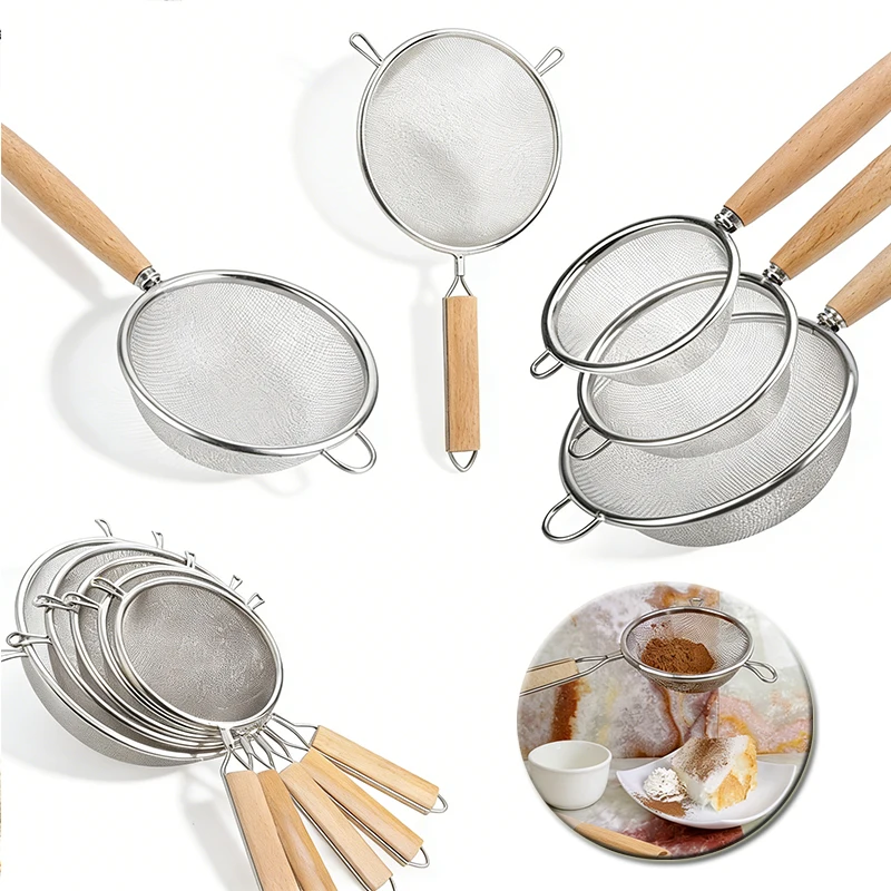 1/3 Stück Edelstahl-Sieb mit langem Holzgriff, Hängeöse, Küchensieb, Feinmaschiges Filter, Küchenwerkzeug