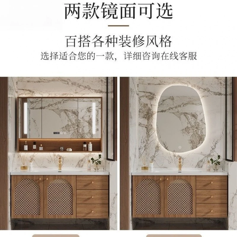 Integrated ceramic basin, bathroom, hand wash, washstand, oak log wind bathroom cabinet, rattan combination