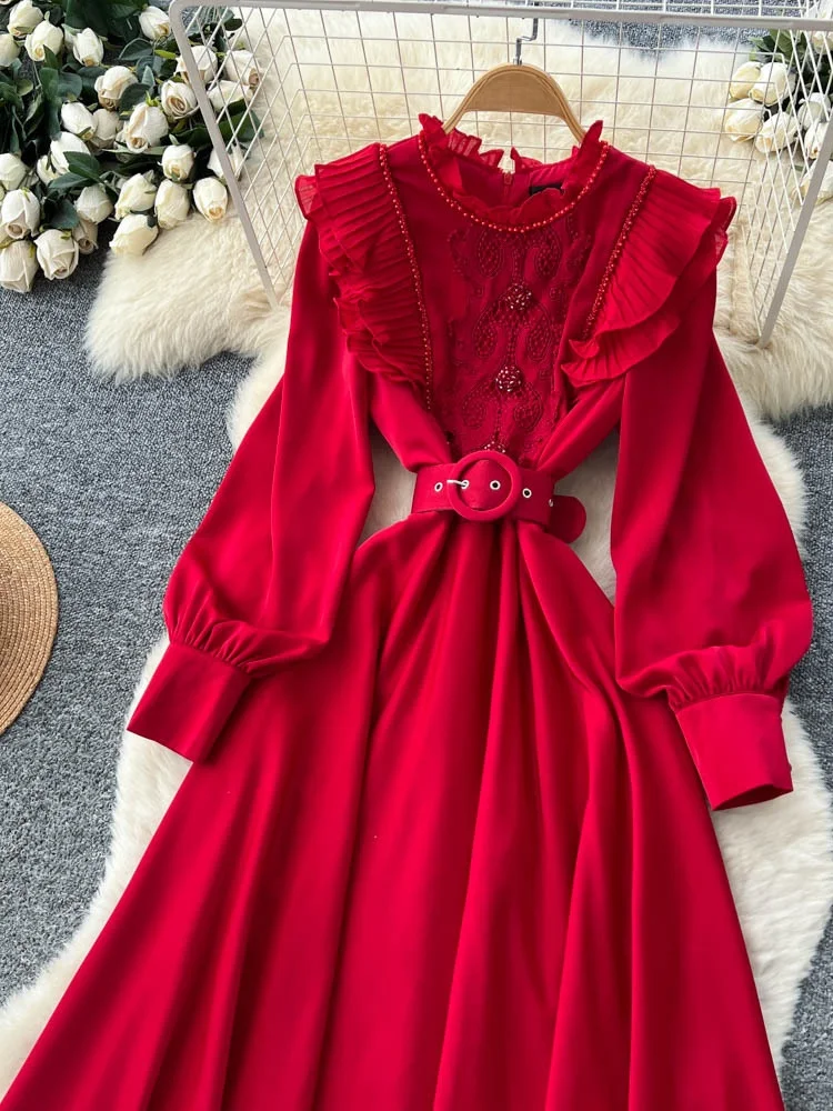 Ele Falda larga de lujo con cinturón de retazos de madera con adornos pesados para mujer, falda francesa Sle de cintura alta de fibra de poliéster