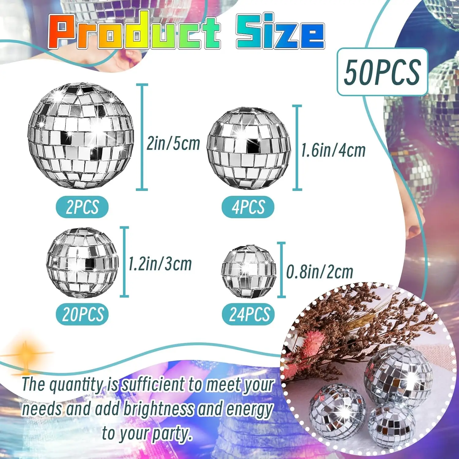 50 Pcs Disco Ball Cake Decoration,Mirror Ball Cake Topper 70s Themed Party  Disco Ball Ornaments for Christmas Tree Dance Music