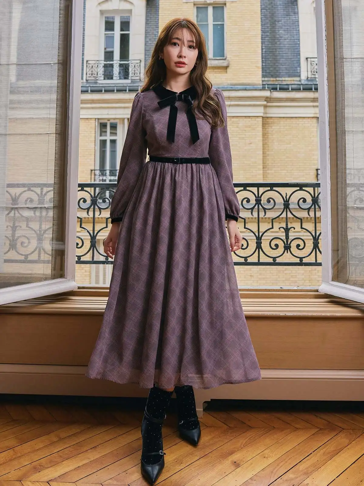 

Torowee Velvet Gentlewoman Sle Long Sve Dr with Bow Tie Decoration Plaid Patterned Waist Cinching Dr for Ladies