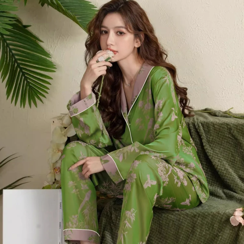 Women Sleepwear Set Rest Autumn Pajama Set Turn Down Collar Faux Silk Satin Long Sleeve Luxury Green Female Pijama Home Wear