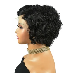 Miss Rola 12A Grade Brazilian13x4 Curly Wig Pixie Cut Lace Front Human Hair Wigs Remy Hair With HD Lace 99J Highlight Black