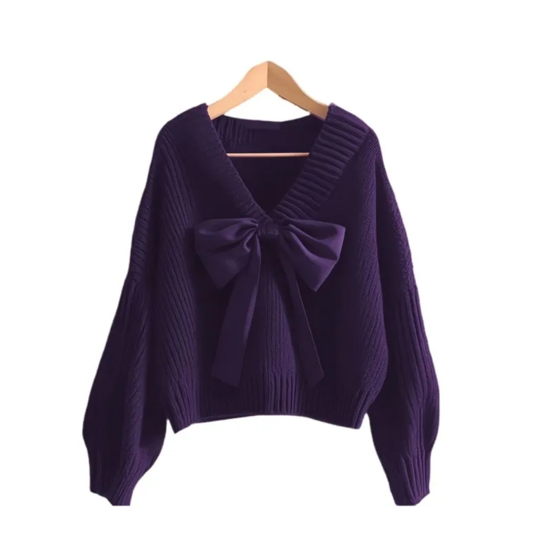 

Temperament Purple V-neck Pullover Bow Sweater Women New Late Autumn and Winter Wear Top High Quality and High Appearance Level