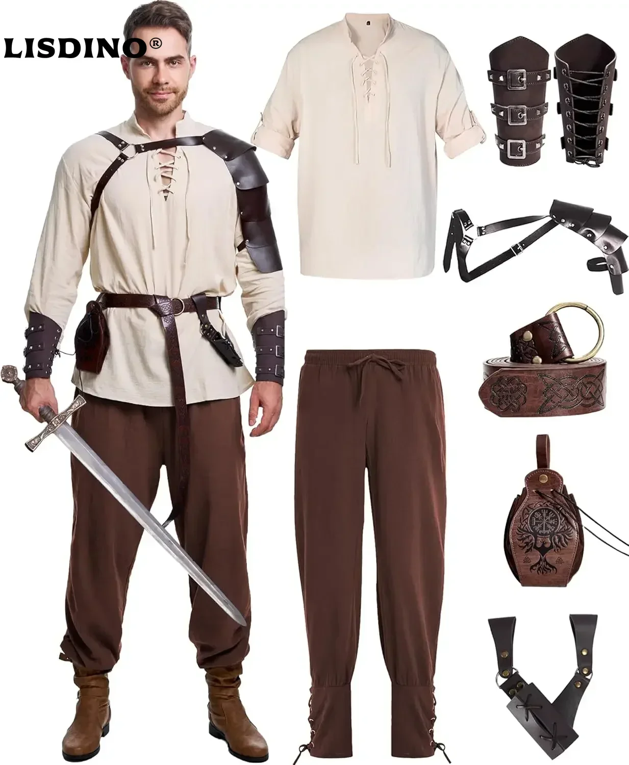 

18 Pcs Men's Renaissance Costume Halloween Medieval Pirate Shirt Pant Viking Costume Accessories Set