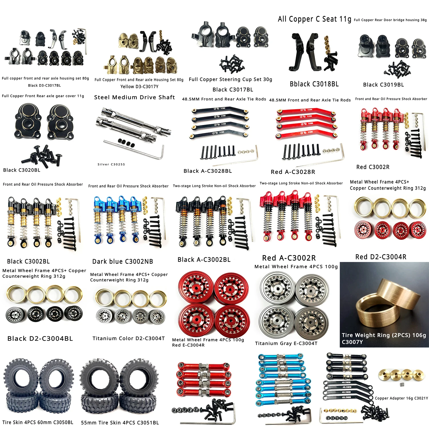 FMS Xiaoqi FCX24 1/24 RC Climbing Bike Semi-kara Rod Brass Modified Parts Upgrade Parts Tires Axle housing Tire skin Pull rod