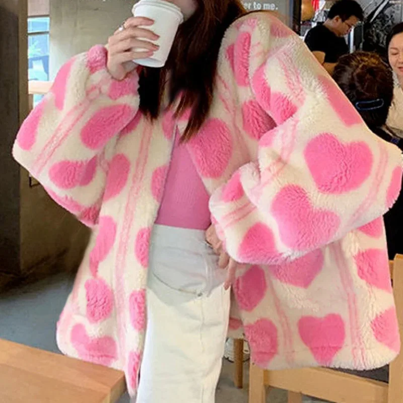 Winter Japanese Coats Korean Fashion Kawaii Lambswool Coats Pink Heart Women Faux Fur Teddy Jackets Outerwear Female Overcoat