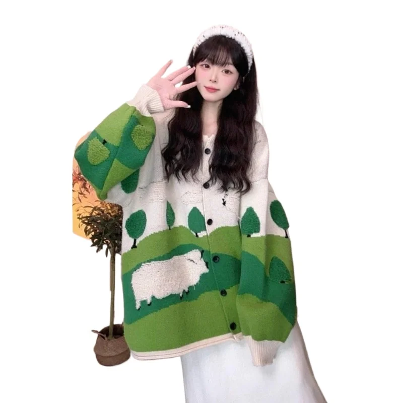 

Large Size Contrasting Color Splicing Little Sheep Knitted Sweater Women's Autumn Winter 145kg New Loose and Thin Sweater Jacket