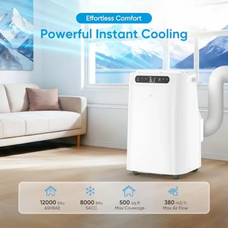 Portable air conditioner for room cooling up to 500 sq. ft, aluminum housing, white, 12000 BTU 3-in-1 quiet unit with dehumidif
