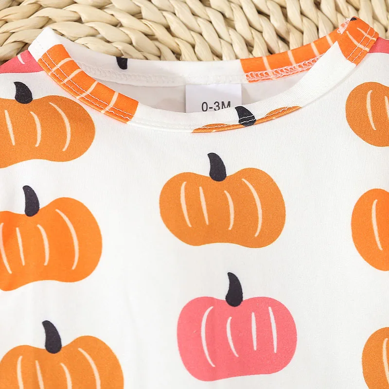 MILANCEL New Halloween Baby Bodysuit Set Infant Sweet Cartoon Pumpkin Jumpsuit + Corduroy Suspender Skirt +Hair Band