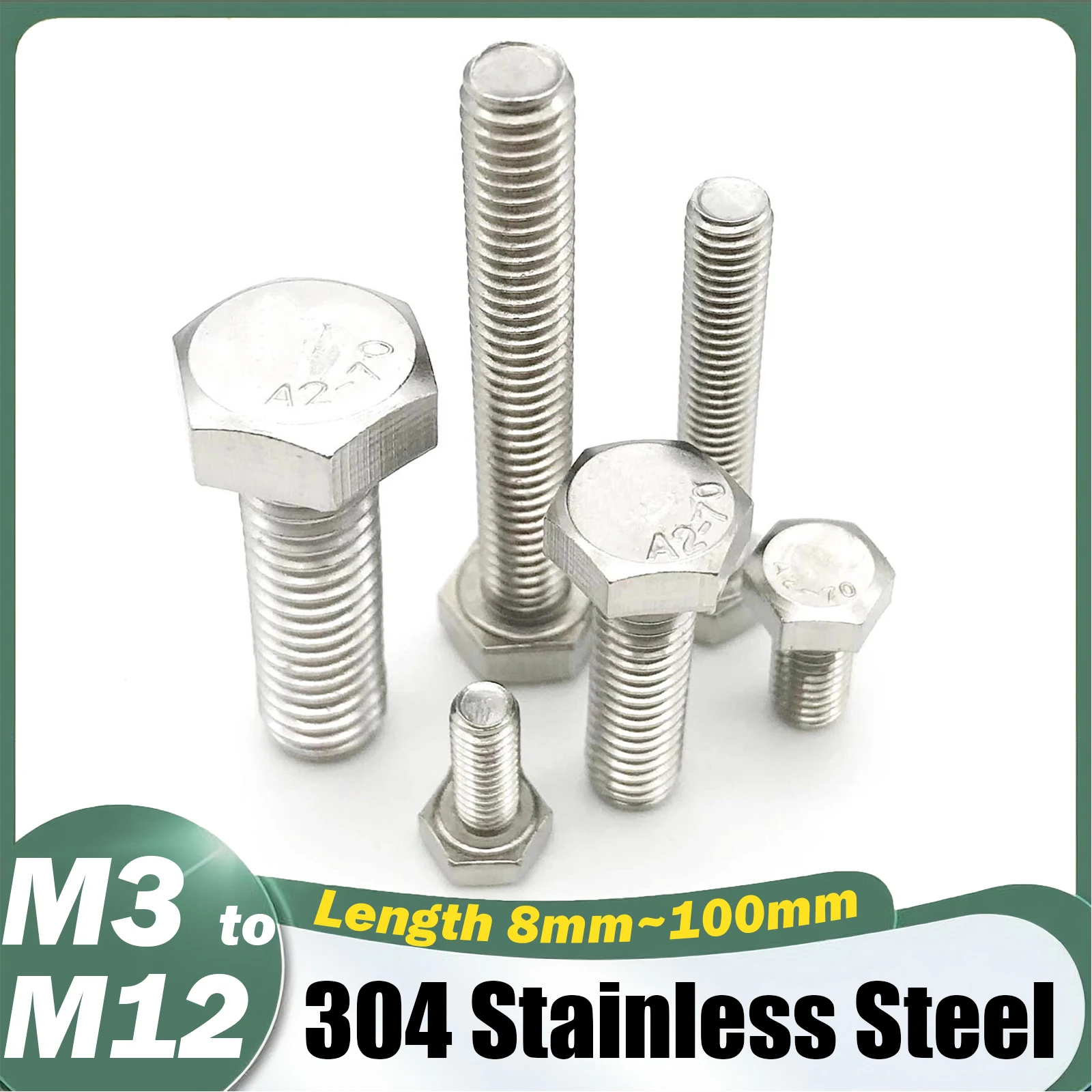 M3 M4 M5 M6 M8 M10 M12 DIN933 304 Stainless Steel Hexagon Head Bolt Full Thread External Hex Hexagon Head Screws