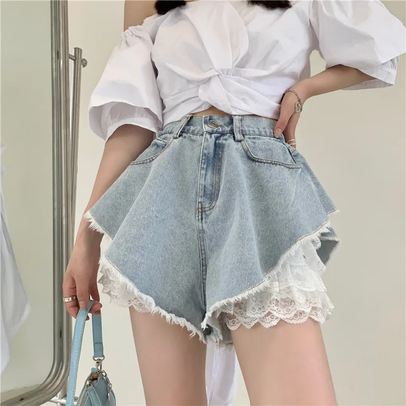 Jeans Fashion Streetwear Female Chic Wide Legs Short Pants Summer Sexy Denim Shorts Women Harajuku Y2k Lace Two Piece High Waist