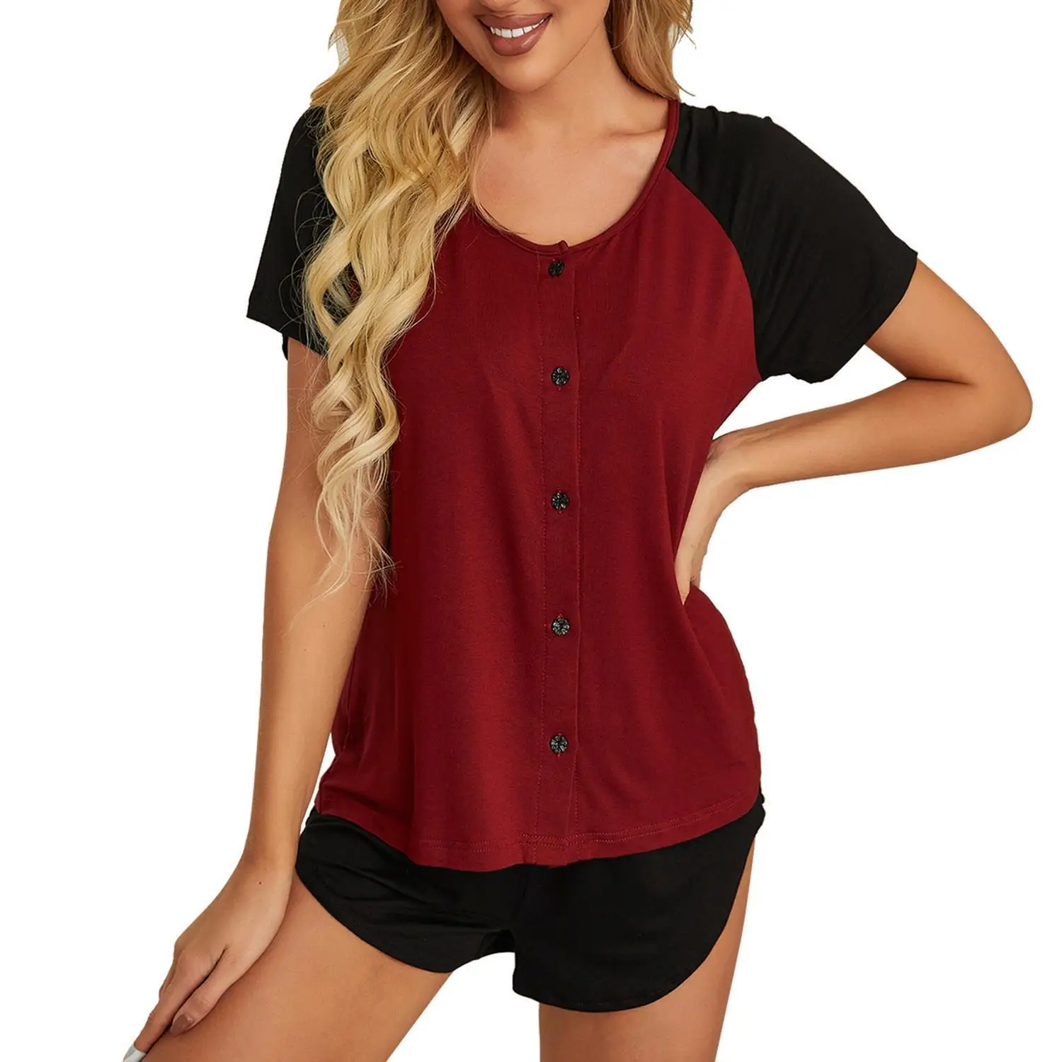 

Women's Home Wear Summer Color Cardigan Short Sleeved Shorts Two-Piece Pajama Set For Women