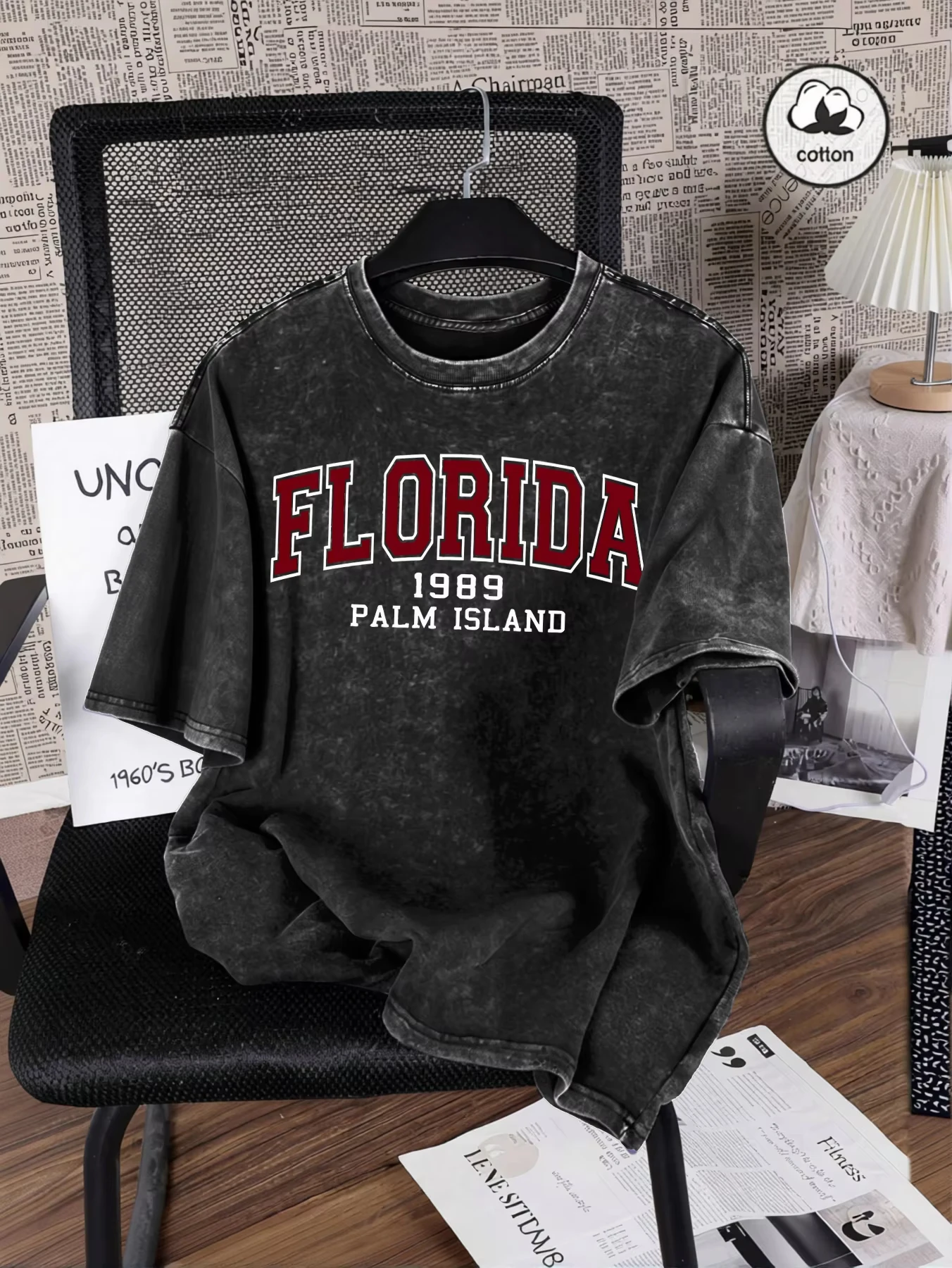 Florida 1989 Palm Island Print Washed T-Shirt Mens Summer Cotton T Shirts O-Neck Loose Clothes Multicolor Male Short Sleeve