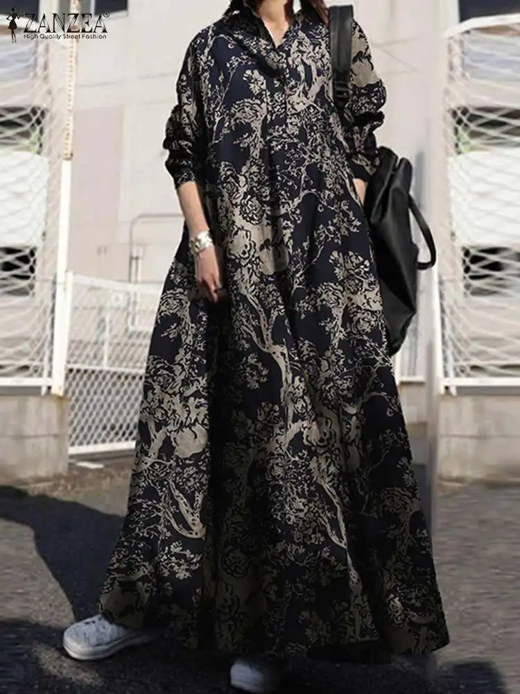 2023 Autumn Maxi Sundress ZANZEA Vintage Long Shirt Dress Women Floral Printed Cotton Long Sleeve Vestidos Female Holiday Robe