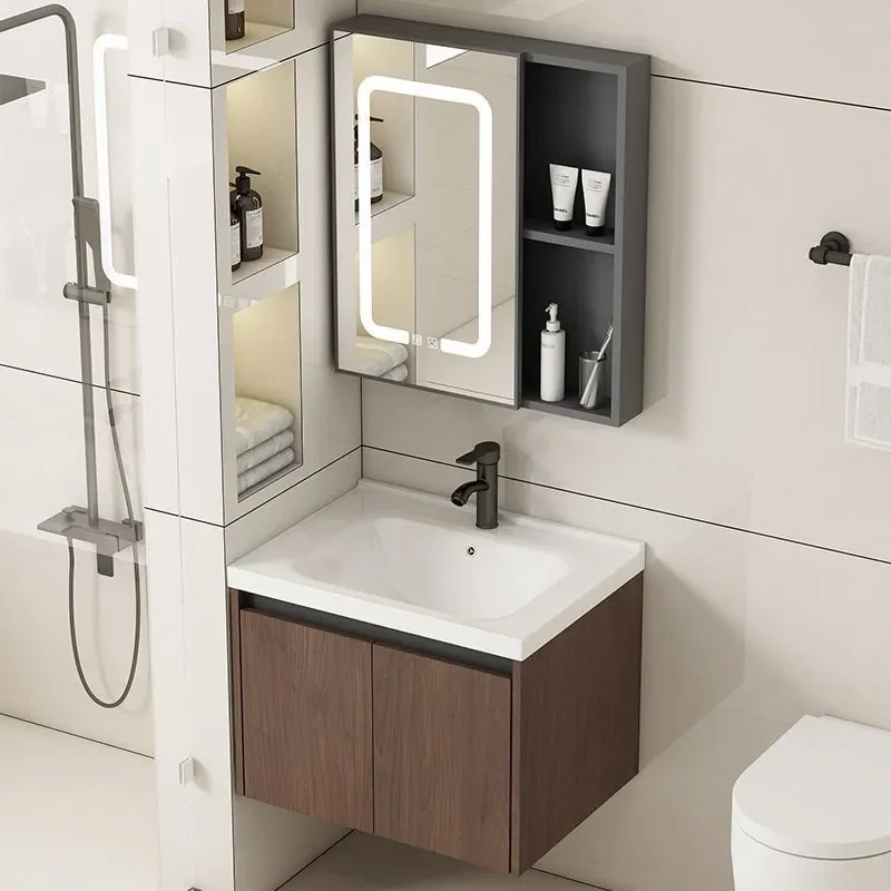 for Walnut Honeycomb Aluminum Wash Basin Bathroom Face Wash Basin Cabinet Combination Bathroom Cabinet Ceramic Integrated