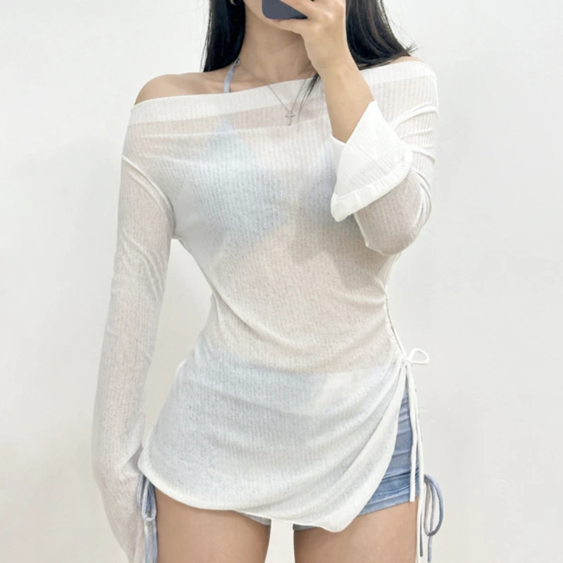 OIINAA Sexy maillot de bain femmes cou monté à lacets Bikini ensemble gris à manches longues couvertures été 2025 coréen maillot de bain tendance