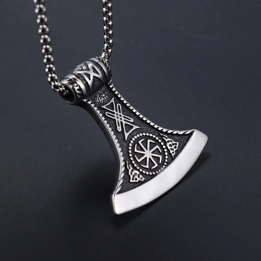 NORRON Rune Relief Viking Battle Axe Alloy Pendant Necklace Personality Retro Men Metal Guillotine Pendants Fashion Jewelry