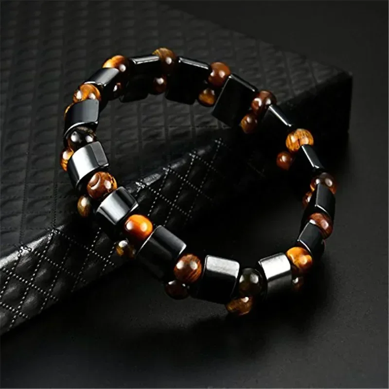 Natural Stone Double Layer Tiger Eye Lymphatic Detoxification Bracelet for Men and Women Magnetic Therapy Weight Loss Bracelet