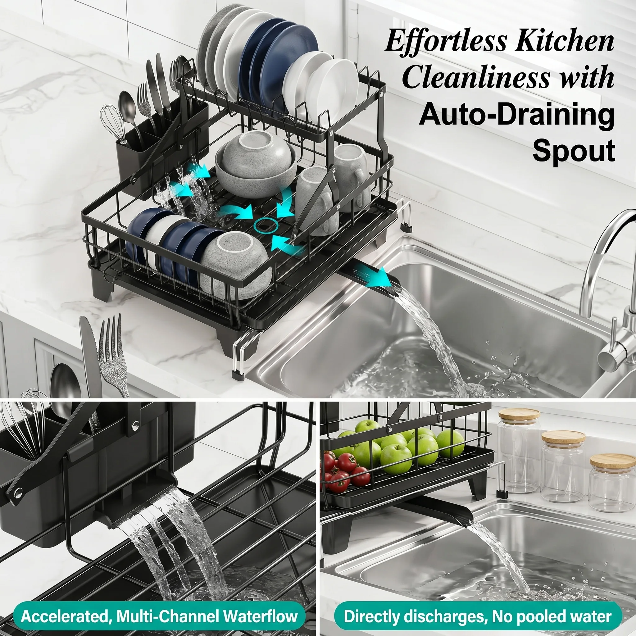 2 Tier Expandable Dish Drying Rack Over Sink Kitchen Counter Drainer With Drainboard Rust Resistant Utensil Cup Holder Set Black