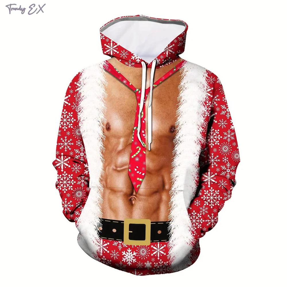 Christmas Men\'s Sweatshirt 3D Fitness Abs Print Outdoors Sports Graphic Hoodie Harajuku Kangaroo Pocket Design Mens Clothing