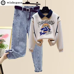 Autumn New Letter Print Lapel Long Sleeve T-shirt Loose Casual Jeans Pants Two Piece Elegant Women's Pants Set Full Outfit