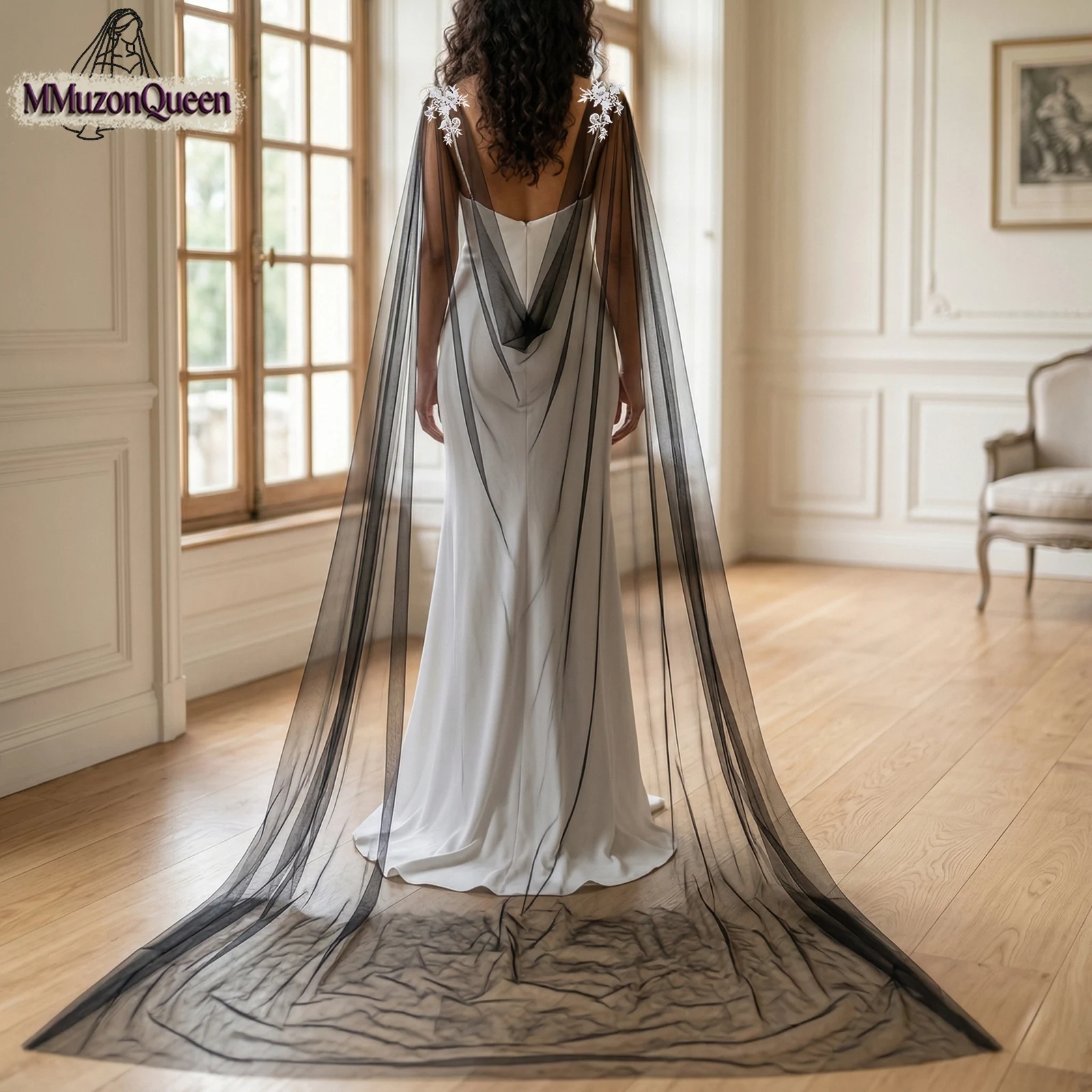 

TOPQUEEN Black Dress Bolero Lace-Trimmed Bridal Cape Long Cape Wedding Accessory Dress Cape Bridal Outerwear Mg25