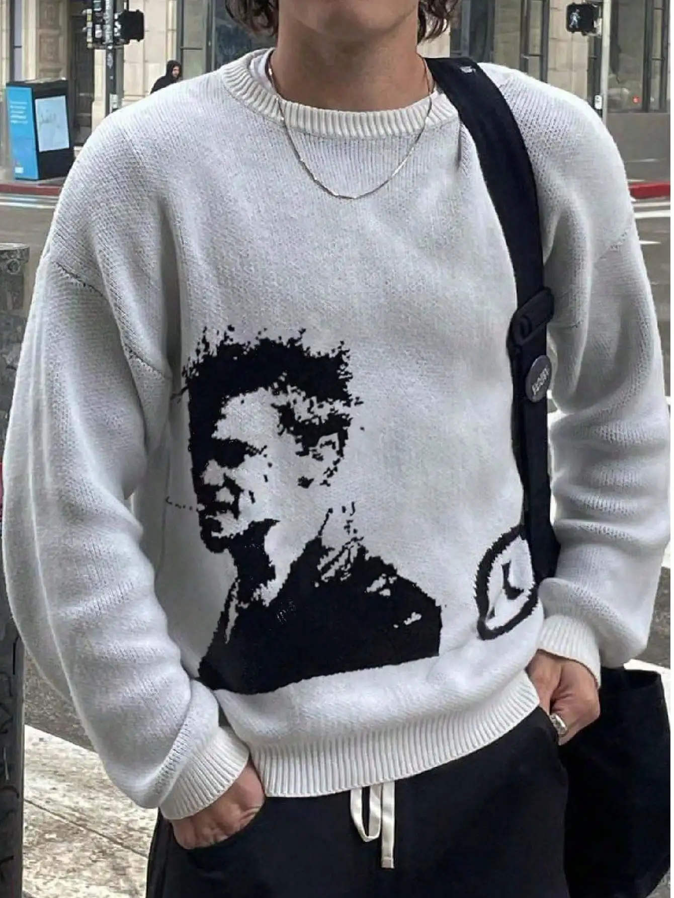 Spring, Autumn, and Winter Men's College-Style Street Fashion Personality Trendy Portrait Letter Jacquard Long-Sleeve Sweater Unisex Crew Neck Pullover Casual Loose Warm Versatile Drop-Shoulder Knit Top