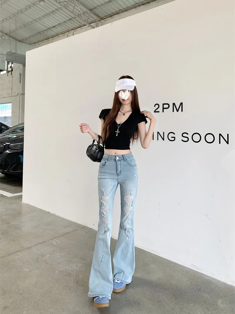 

Ретро джинсы-клеш с высокой талией для женщин, модные весенние джинсы с эффектом омоложения, облегающие, с декором из страз и рваными элементами