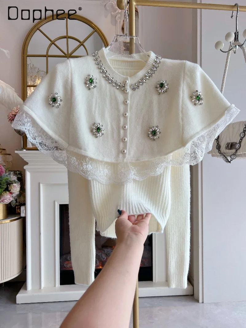 

Rhinestone Lace Trim Cape Sweater Shawl High-End Elegant Socialite Top Slim Long Sleeve V-Neck Knitted Two-Piece Set for Women