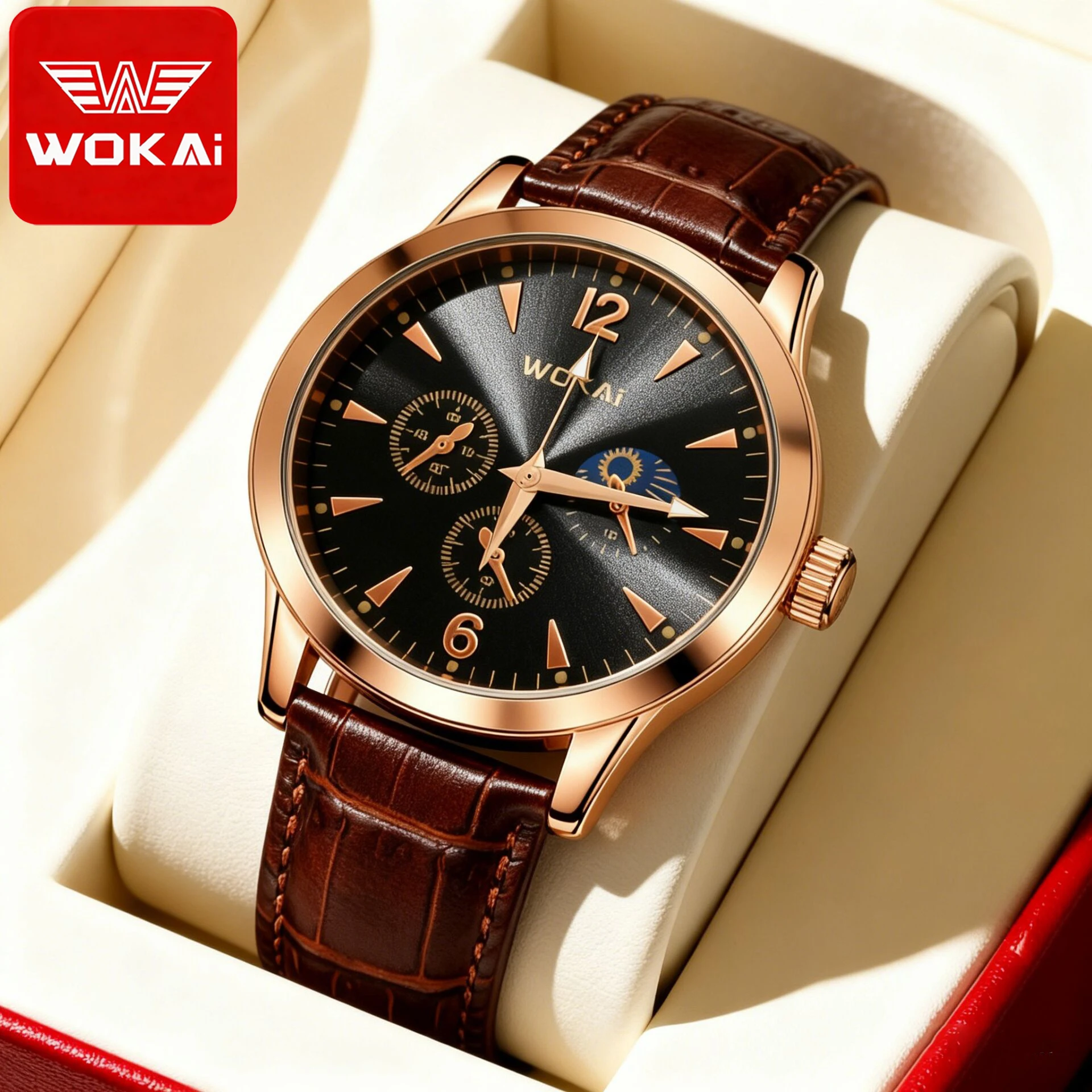 

WOKAI high quality Men's casual belt Quartz Watch Large dial Sport watch Women's retro Style Geneva clock two eye clock