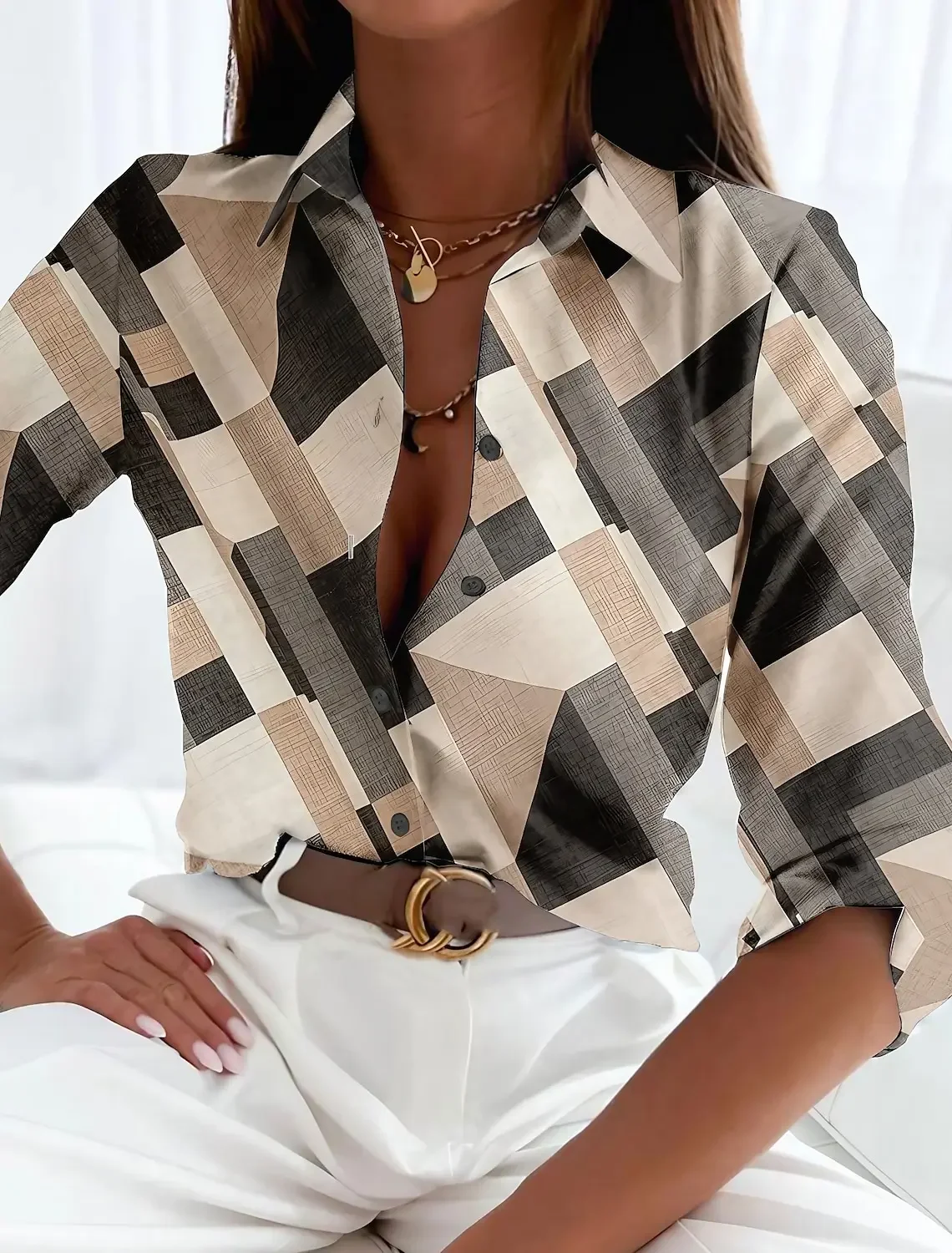 

Women's Shirts Elegant Vintage Fashion Geometric Autumn Lapel Neck Blouse Womens Tops Long Sleeve Printed Shirts Womens Clothing