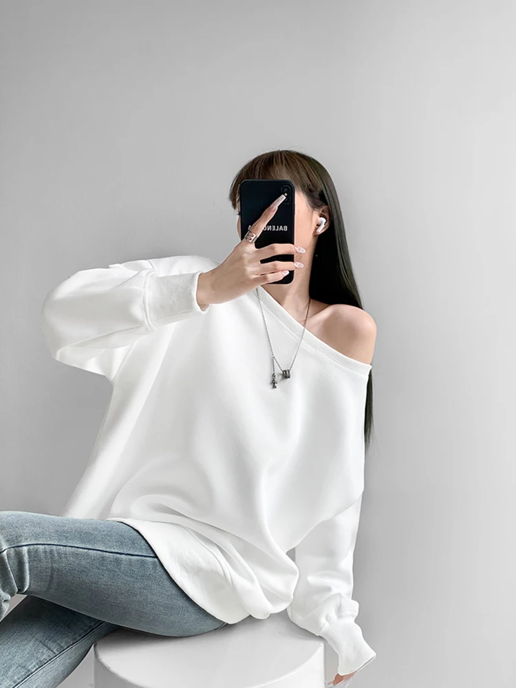 ملابس حريمي كاجوال كورية بلون سادة بدون أكتاف وأكمام طويلة بلوزات خريف وشتاء كل مباراة فضفاضة تي شيرت نسائي