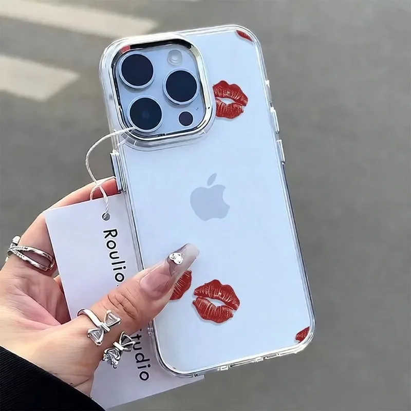 Coque de téléphone transparente rouge avec empreinte de lèvres pour iPhone 15 16 17 Pro MAX 11 12 13 14 Plus 16E 17 Air, en TPU souple antichoc