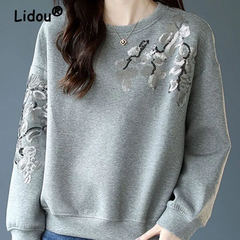 High Sense Japan Style Pure Cotton Gray Colour Long Sleeve Women Top Sequins Decorate Hatless O-Neck Thick Loose Sweatshirts