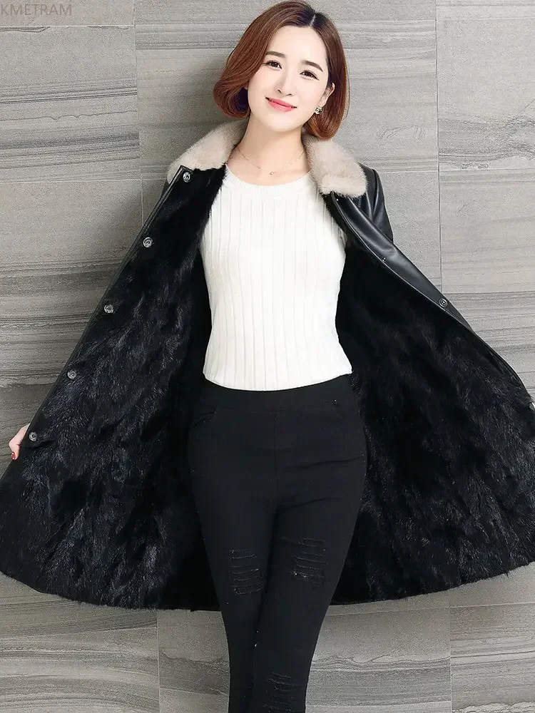 سترة جلدية حقيقية المرأة معطف جلد الغنم الحقيقي جديد الخريف الشتاء معطف الفرو المرأة فرو المنك بطانة منتصف طول سترات من الجلد ضئيلة