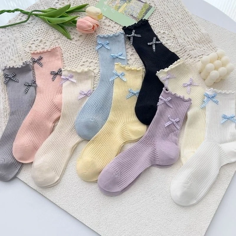 9 Paar süße Mädchen-Damen-Mid-Tube-Socken mit süßer Schleife und schwarzem Pilzrand, Kontrastfarbe, Persönlichkeit, trendige Damensocken