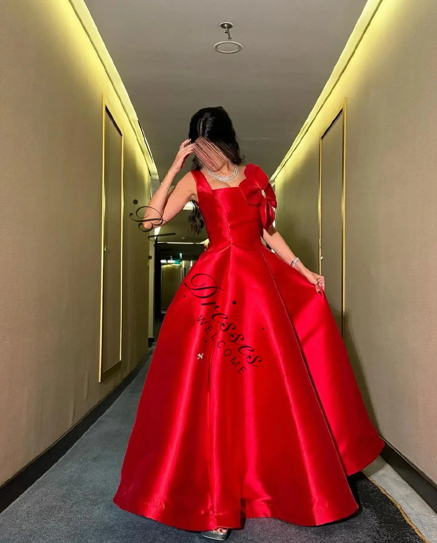 

customized Red Prom Dress customized Square Neck Floral Beads Party Evening Dresses Floor Length A-Line Special Occasion Gowns