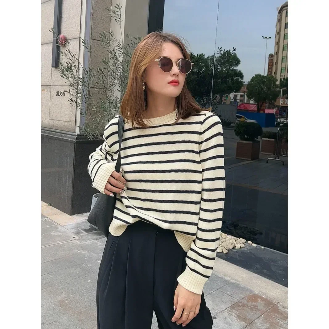 

Black White Stripe Loose Long Sleeve Sweaters 2023 Women's Sweater Female Cotton Chic Female Loose Women's Jumper Pull