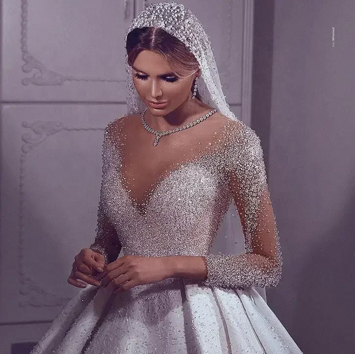 Customized Crystal Dresses Long Sleeve Ball Gowns Plus Size Princess Wedding Dress Bride Gowns For Pregnant Woman Robe Mariage