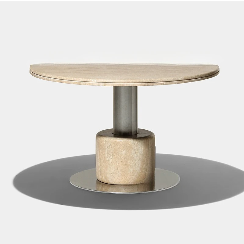 Marble dining table household light luxury stainless steel plus travertine element round dining table