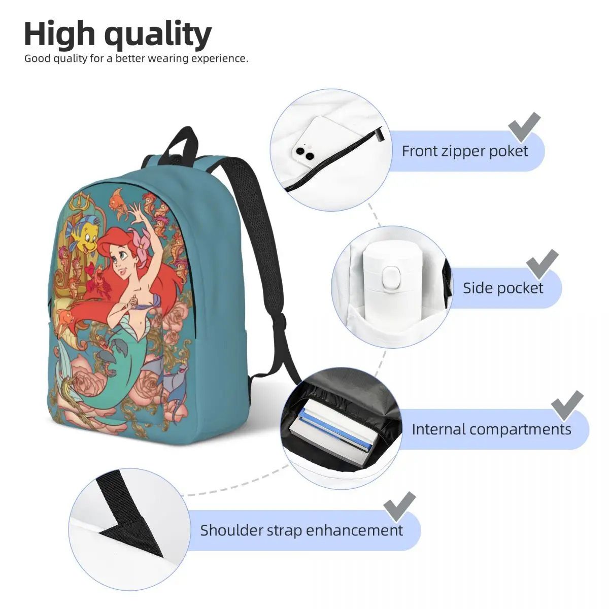 Custom Little Mermaid Ariel Cartoon Canvas Backpack Men Women Basic Bookbag for College School Bags