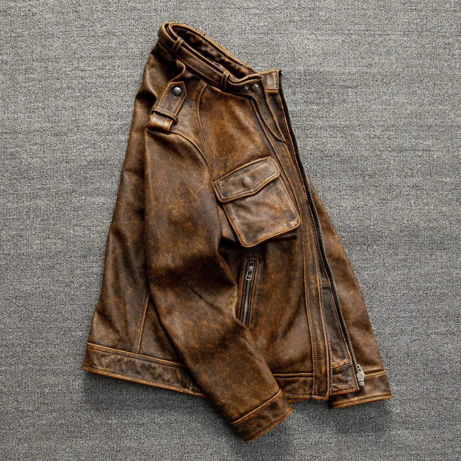 Leather Jacket Men's Large Size Washed Old Motorcycle Clothing Leather Jacket Stand-Up Collar Short Jacket