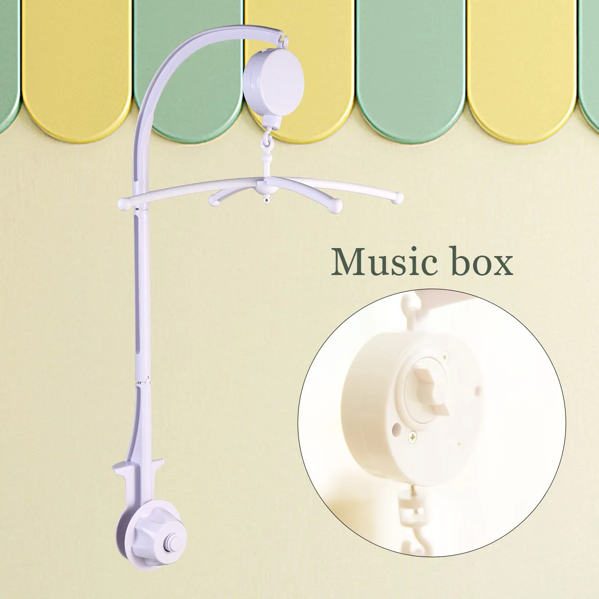 กล่องดนตรีติดเตียงเด็กสีขาว ทำจากพลาสติก ABS พร้อมแขนหมุนได้ 360 องศา สำหรับเตียงเด็ก ใช้เล่นเพลงกล่อมเด็ก