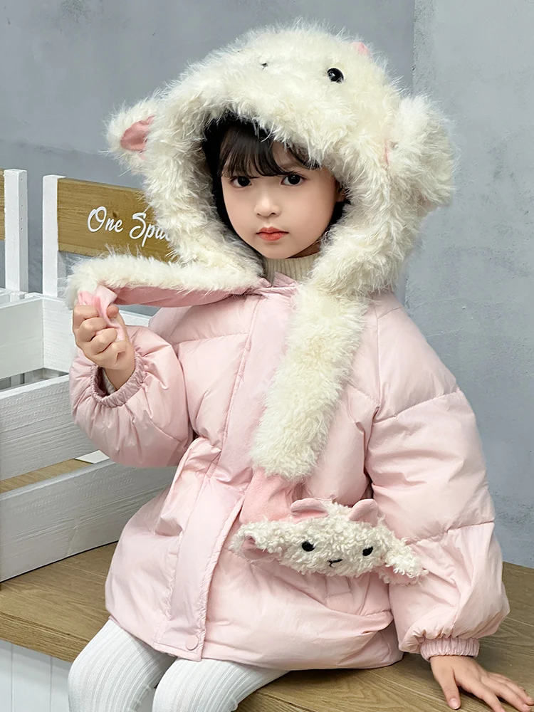 Sli Thiened White Du down Puffer Jaet for Girls Cute Windproof Warm Coat with Hat Children's Winter Clothes Kids Ou...