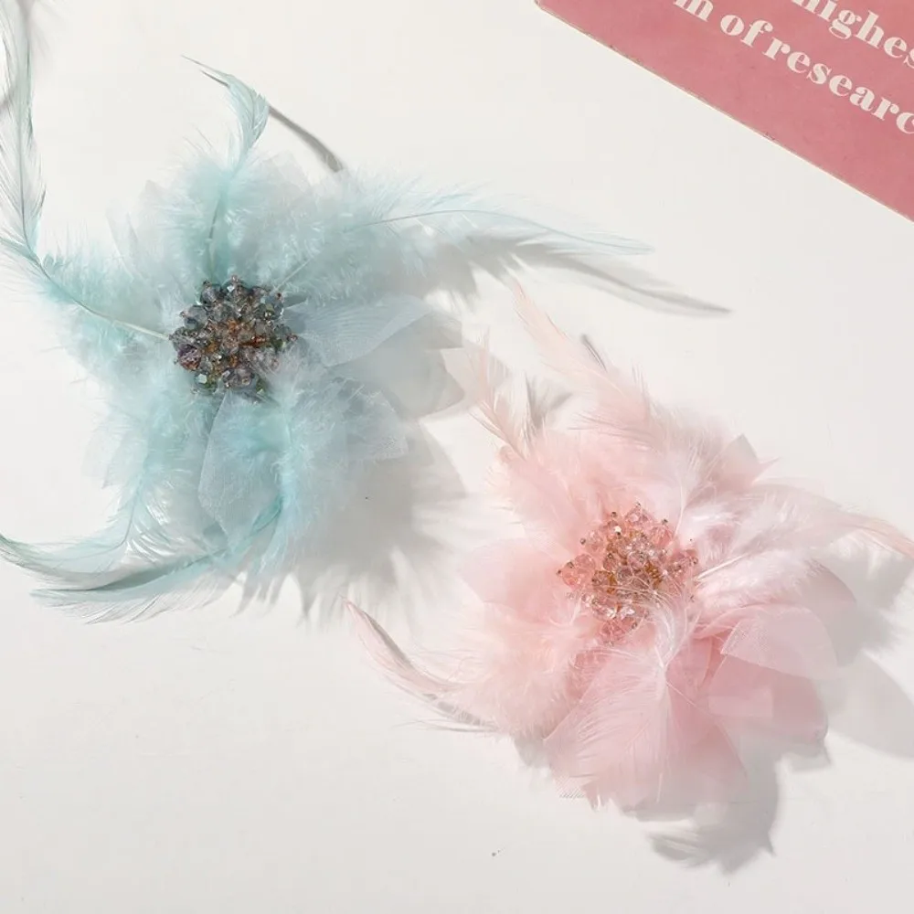 Handmade Feather Brooches Pearl Lace Crystal Flower Corsage Hair Accessories Exquisite Artificial Flower for Pin